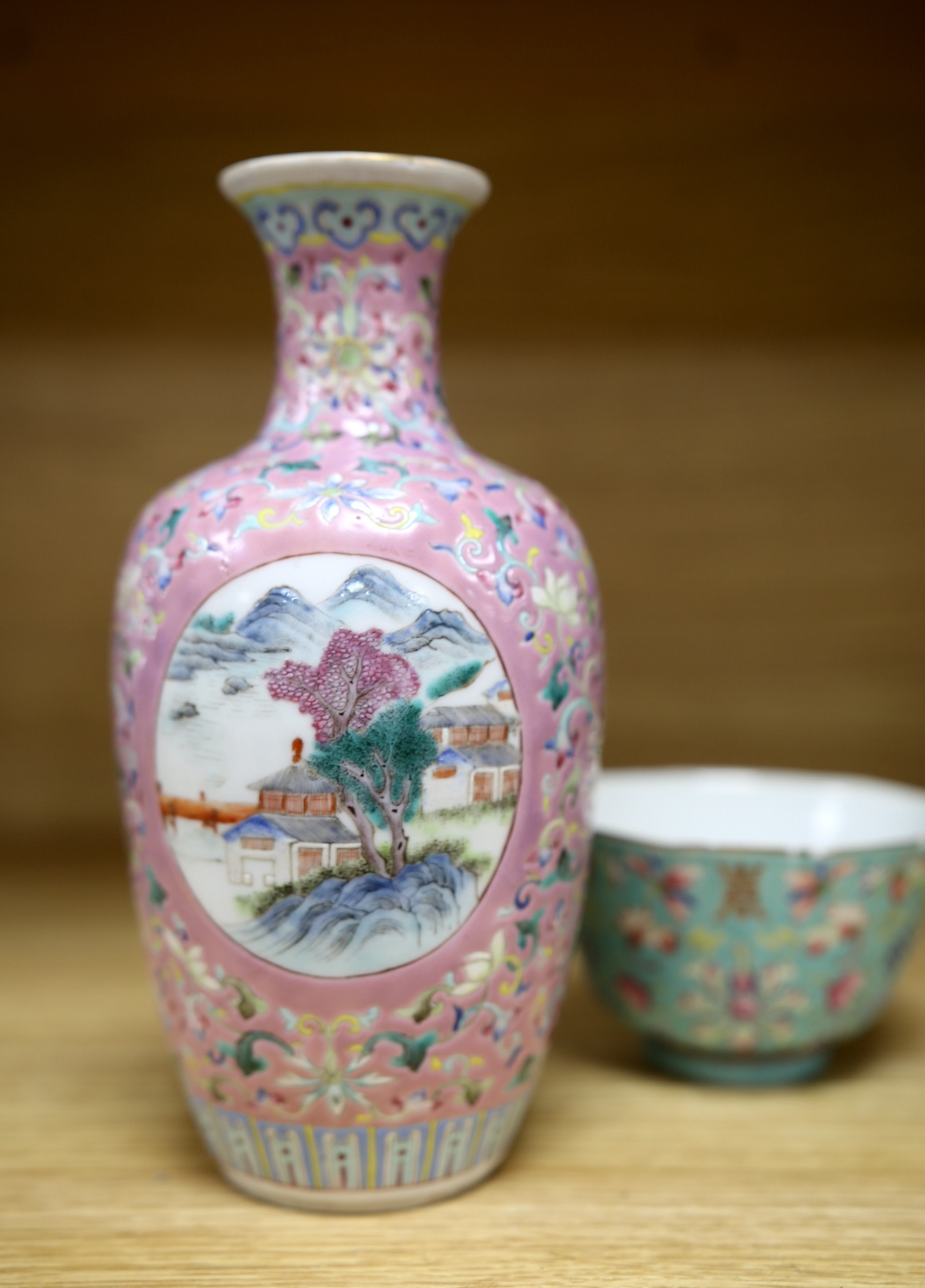 A Chinese pink ground medallion vase, Guangxu period and a Chinese turquoise ground bowl, Tongzhi mark and period, taller 20cm. Condition - vase good, bowl fair